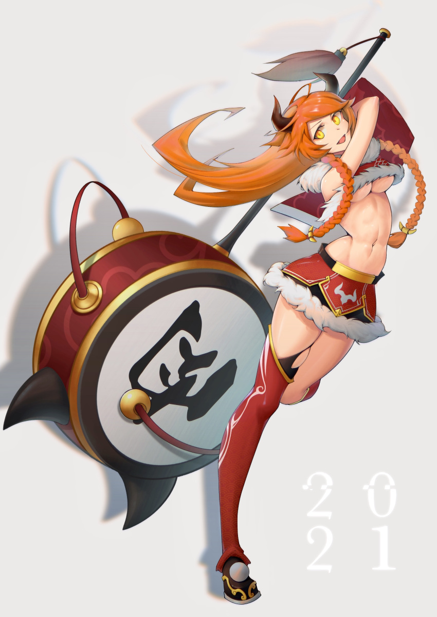 1girl 2021 :d absurdres ahoge alternate_costume arknights bangs bare_shoulders black_legwear black_skirt boots breasts chinese_commentary commentary_request cow_horns croissant_(arknights) crop_top drop_shadow fang full_body fur-trimmed_shirt fur-trimmed_skirt fur_trim ghosty_(xiaobai) grey_background groin hammer highres holding holding_hammer horns large_breasts long_hair looking_at_viewer midriff miniskirt navel open_mouth orange_hair red_footwear red_shirt shirt side_braids sidelocks simple_background skindentation skirt sleeveless sleeveless_shirt smile solo standing standing_on_one_leg swept_bangs thigh-highs thigh_boots toned torn_clothes torn_legwear under_boob yellow_eyes