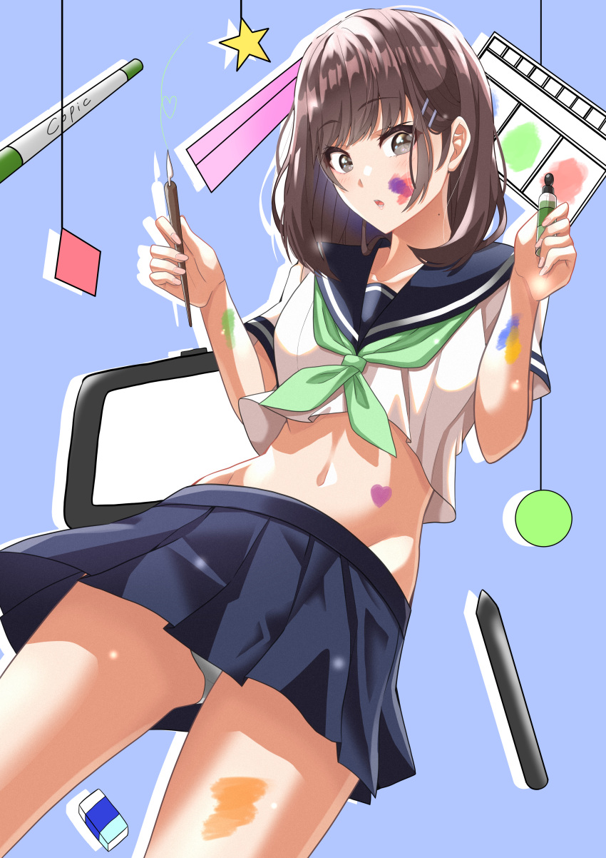 1girl absurdres bangs blouse brown_hair commentary crop_top drawing_tablet dutch_angle eraser eyebrows_visible_through_hair green_neckwear highres holding kyaro_(carrot) long_hair navel neckerchief open_mouth original paint paintbrush panties pleated_skirt sailor_collar school_uniform serafuku shirt short_sleeves skirt solo stomach underwear white_blouse white_panties