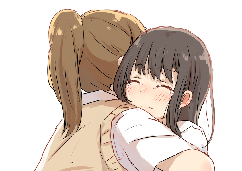 2girls ^_^ bangs betock black_hair blush brown_hair brown_vest closed_eyes collared_shirt ear_blush eyebrows_visible_through_hair highres hug long_hair multiple_girls original ponytail school_uniform shirt simple_background sweater_vest teardrop vest white_background white_shirt yuri