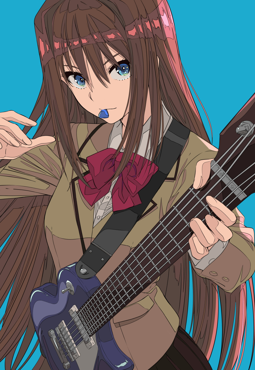 1girl absurdres aozaki_aoko bangs black_skirt blazer blue_background blue_eyes bow bowtie breasts brown_hair brown_jacket closed_eyes collared_shirt commentary_request cowboy_shot electric_guitar eyebrows_behind_hair from_above guitar highres instrument jacket long_hair long_sleeves looking_to_the_side mahou_tsukai_no_yoru medium_breasts perspective plectrum plectrum_in_mouth red_neckwear school_uniform shirt sidelocks simple_background skirt solo standing upturned_eyes very_long_hair white_shirt wing_collar xtango