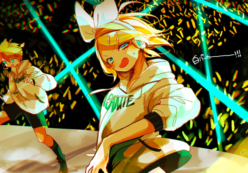 1boy 1girl ahoge audience blonde_hair blue_eyes blush bow brother_and_sister concert dancing fang glowstick hair_bow hair_ornament hairclip headphones headset highres hood hoodie kagamine_len kagamine_rin laser_beam looking_to_the_side nokodaru_marin open_mouth short_hair short_ponytail shorts siblings skin_fang stage stage_lights sweatdrop twins vocaloid white_hoodie