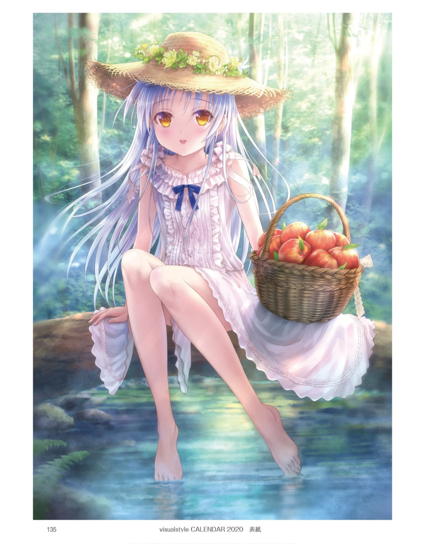 1girl alternate_costume angel_beats! apple basket day dress food forest frilled_dress frills fruit full_body goto_p hat highres long_hair looking_at_viewer nature outdoors silver_hair sitting smile soaking_feet solo straw_hat tachibana_kanade tree water white_dress yellow_eyes