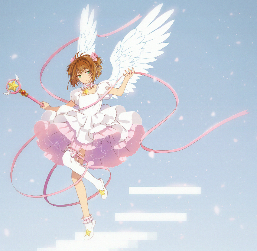 1girl blue_background brown_hair cardcaptor_sakura choker closed_mouth dress feathered_wings green_eyes hair_ribbon hakusai_(tiahszld) highres holding holding_wand kinomoto_sakura layered_dress looking_at_viewer pink_choker pink_ribbon pleated_dress puffy_short_sleeves puffy_sleeves ribbon shoes short_sleeves single_thighhigh smile solo stairs star_(symbol) star_choker thigh-highs wand white_dress white_footwear white_legwear white_wings wings