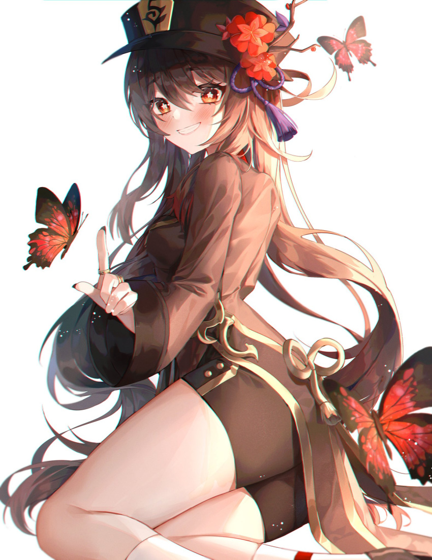 1girl ass black_headwear black_nails brown_hair brown_shirt brown_shorts bug butterfly flower genshin_impact gold_trim grin hat hat_flower highres hu_tao index_finger_raised insect jewelry long_hair long_sleeves looking_at_viewer minttchocok nail_polish plum_blossoms red_eyes ring shirt short_shorts shorts simple_background sitting smile socks solo star-shaped_pupils star_(symbol) symbol-shaped_pupils tailcoat tassel thighs twintails very_long_hair white_background white_legwear yokozuwari