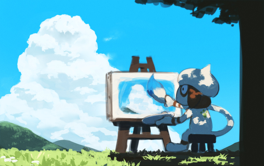 black_eyes canvas_(object) clouds commentary_request day gen_2_pokemon grass highres hill no_humans one-hour_drawing_challenge outdoors painting palette pokemon pokemon_(creature) rend sitting sky smeargle solo stool