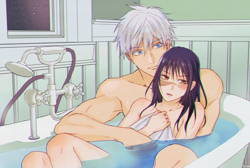 1boy 1girl ashio bangs bathing bathtub blue_eyes blush brown_eyes closed_mouth couple covering eyebrows_visible_through_hair gojou_satoru hair_between_eyes hetero highres holding holding_towel indoors iori_utahime jujutsu_kaisen long_hair looking_at_another looking_away nude_cover open_mouth partially_submerged scar scar_on_face shirtless short_hair sweatdrop towel upper_body water white_hair