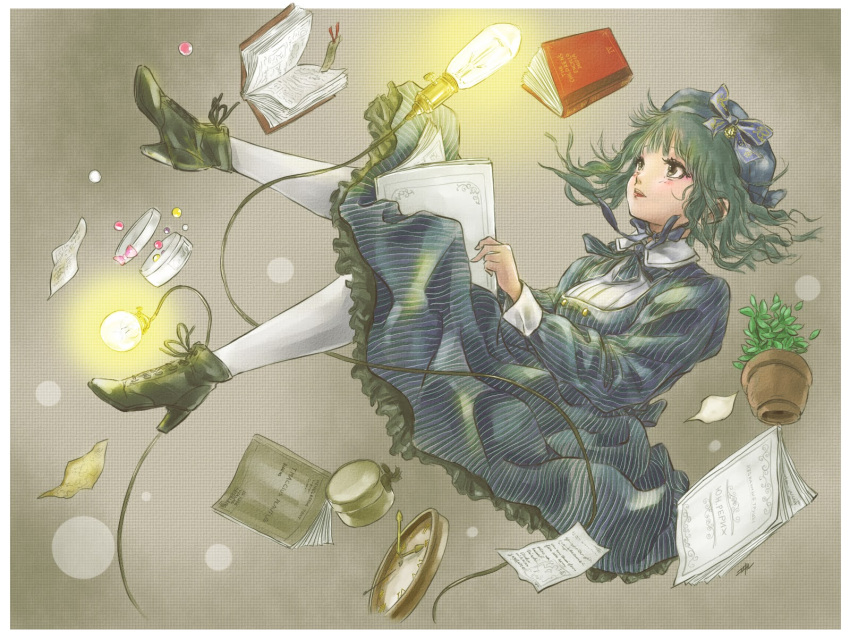 1girl book border brown_eyes clock dress frills green_hair hat high_heels highres kowiru light_bulb open_book original pantyhose plant potted_plant short_hair solo white_border white_legwear