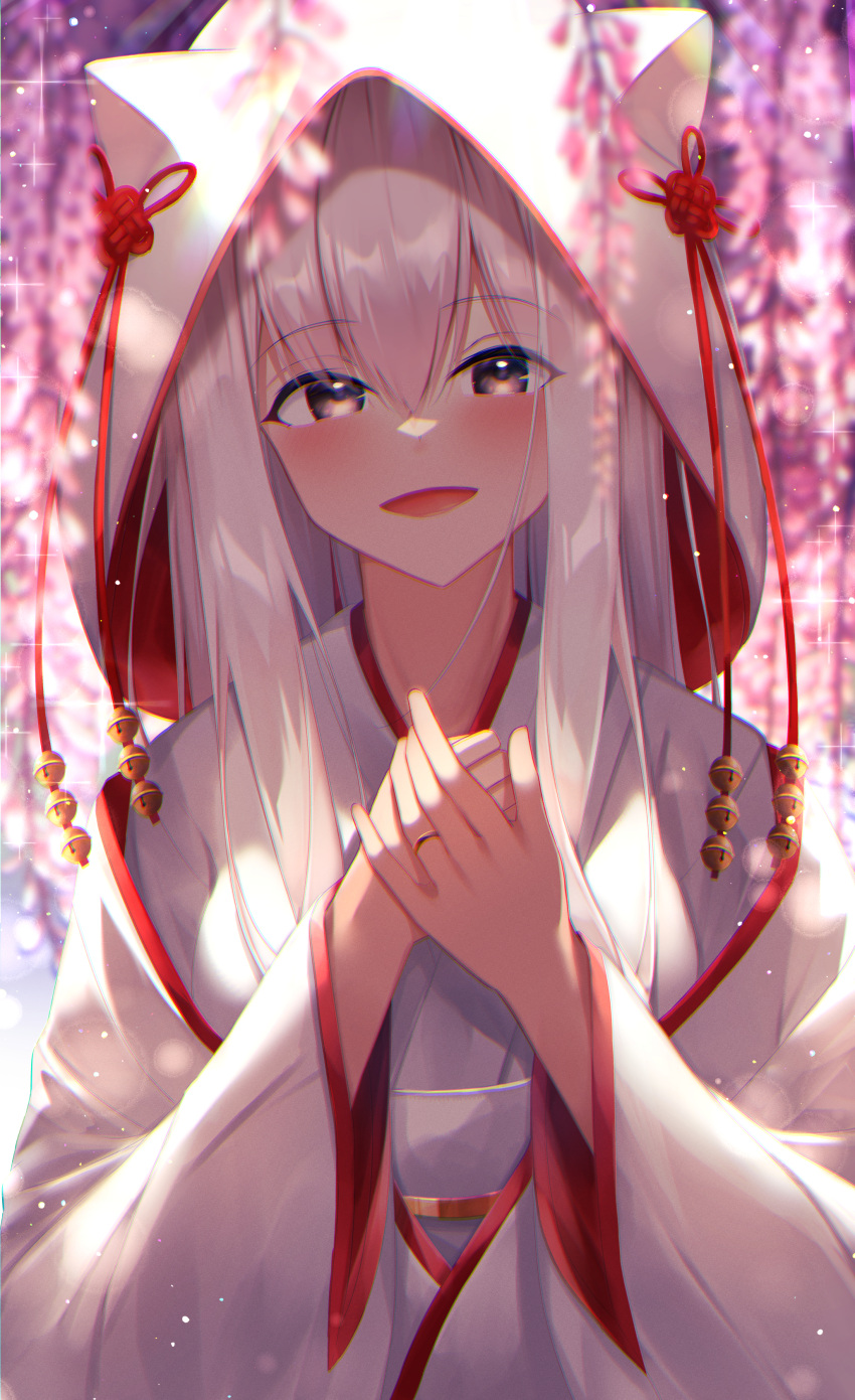 1girl :d absurdres animal_ears animal_hood bangs blurry blurry_background blurry_foreground blush brown_eyes commentary_request depth_of_field eyebrows_visible_through_hair fake_animal_ears flower grey_hair hair_between_eyes hands_together hands_up highres hood hood_up japanese_clothes jewelry kimono long_hair long_sleeves looking_at_viewer obi open_mouth original own_hands_together purple_flower ring sash smile solo suisen-21 uchikake upper_body white_kimono wide_sleeves wisteria