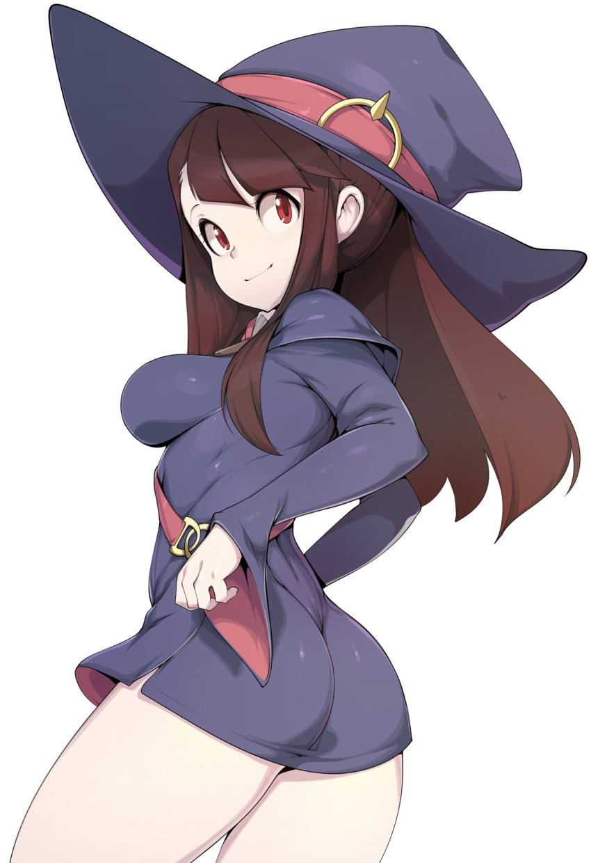1girl bangs breasts brown_hair dress from_behind hat highres impossible_clothes impossible_dress kagari_atsuko little_witch_academia long_hair looking_at_viewer looking_back luna_nova_school_uniform medium_breasts red_eyes school_uniform shiny shiny_hair shiny_skin short_dress simple_background slugbox smile solo standing white_background witch witch_hat
