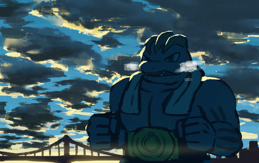 breath bridge clenched_hands clouds commentary_request day fangs gen_1_pokemon highres machoke no_humans one-hour_drawing_challenge outdoors pokemon pokemon_(creature) rend sky solo towel towel_around_neck