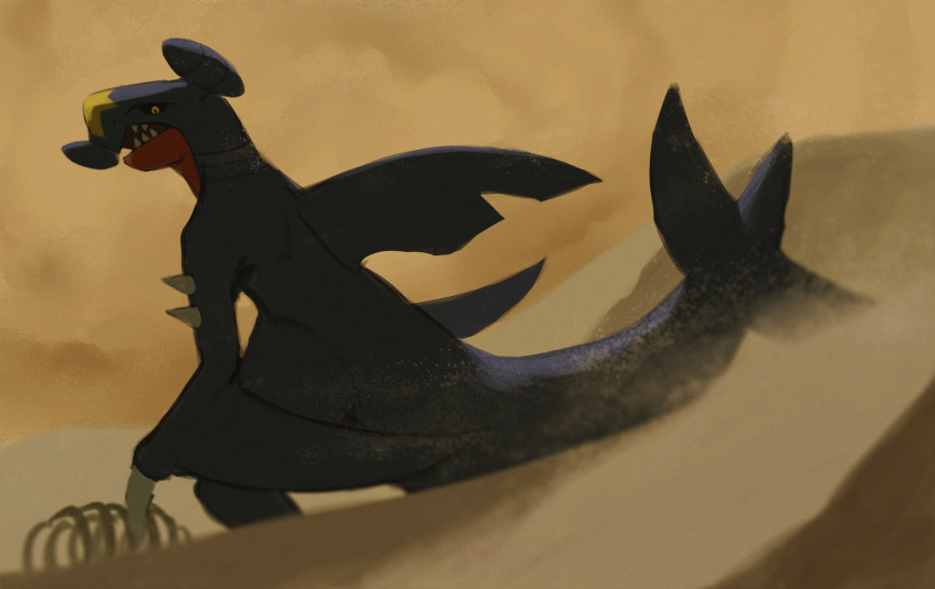 black_sclera blurry bone claws colored_sclera commentary_request desert garchomp gen_4_pokemon highres looking_back no_humans one-hour_drawing_challenge pokemon pokemon_(creature) rend sand sharp_teeth solo spikes standing teeth yellow_eyes