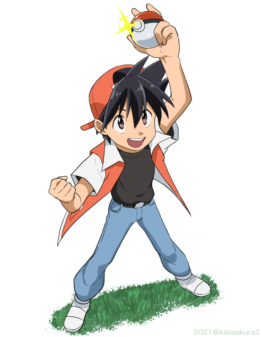 1boy :d arm_up artist_name backwards_hat bangs baseball_cap belt belt_buckle black_hair black_shirt brown_eyes buckle clenched_hand commentary_request dated denim grass hair_between_eyes hand_up hat highres holding holding_poke_ball jacket jeans kibisakura2 legs_apart looking_up male_focus open_clothes open_jacket open_mouth pants poke_ball poke_ball_(basic) pokemon pokemon_adventures red_(pokemon) red_headwear shirt shoes short_sleeves smile solo standing teeth white_footwear