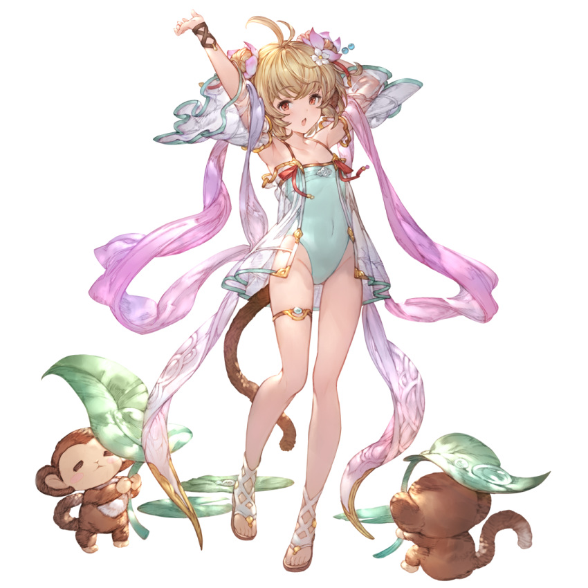 1girl alpha_transparency andira_(granblue_fantasy) animal_ears armpits arms_up bangs bare_shoulders blonde_hair blush breasts collarbone detached_sleeves double_bun erune eyebrows_visible_through_hair flower full_body granblue_fantasy hair_flower hair_ornament minaba_hideo monkey monkey_ears monkey_tail official_art one-piece_swimsuit open_mouth red_eyes sandals short_hair small_breasts swimsuit tail thighlet transparent_background two_side_up