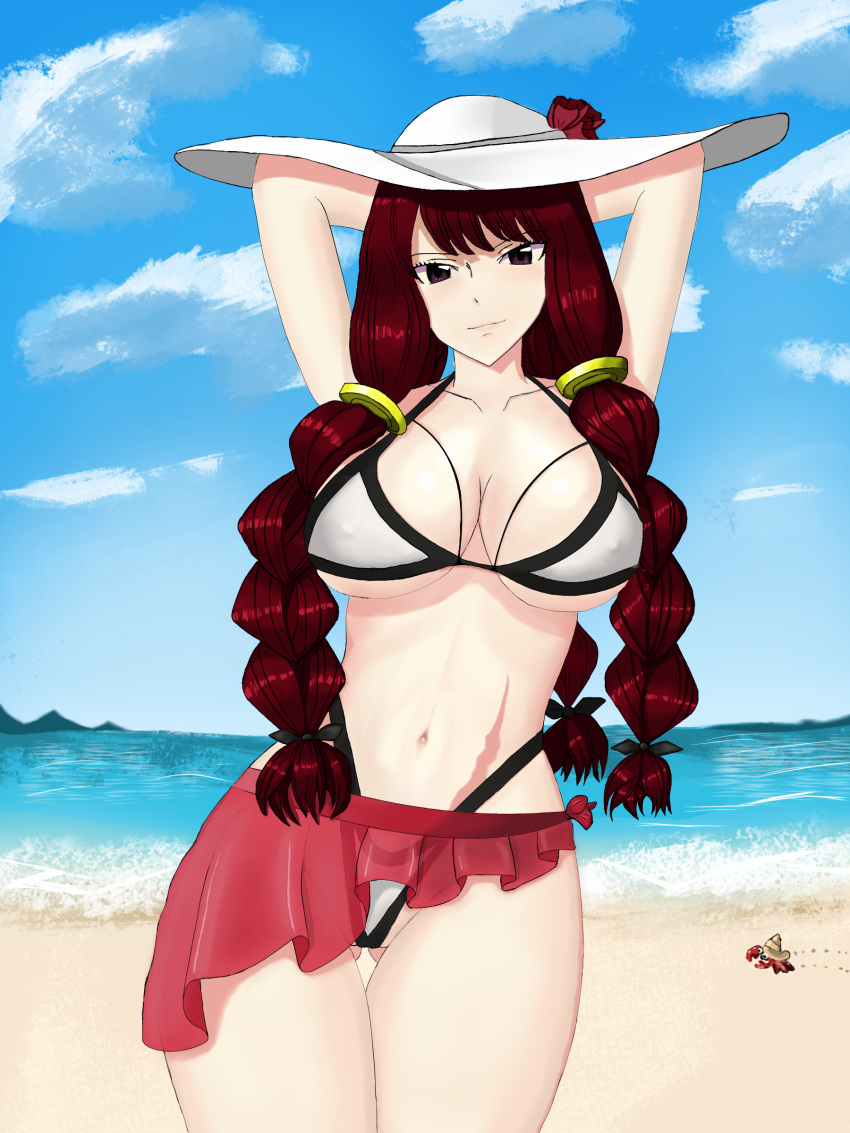 1girl absurdres bikini breasts fairy_tail hat highleg highleg_bikini highleg_swimsuit highres irene_belserion large_breasts long_hair redhead roklus sarong skirt sun_hat swimsuit