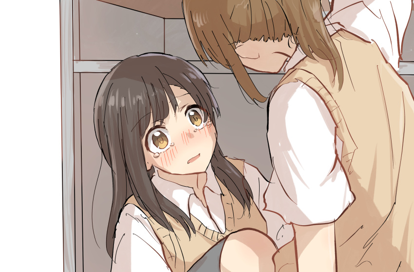 2girls bangs betock black_hair blush brown_hair brown_vest collared_shirt crying crying_with_eyes_open desk eyebrows_visible_through_hair highres long_hair looking_at_another multiple_girls original school_uniform shirt short_sleeves sidelocks sweater_vest tears vest white_shirt yellow_eyes