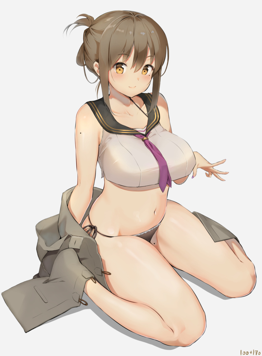1girl aymusk bare_arms bare_shoulders black_panties breasts brown_hair crop_top folded_ponytail grey_jacket grey_shirt groin highres jacket large_breasts long_hair looking_at_viewer mole mole_on_shoulder mole_on_thigh mole_under_eye navel necktie off_shoulder open_clothes open_jacket orange_eyes original panties sailor_collar sailor_shirt shirt side-tie_panties sidelocks simple_background sitting skindentation sleeveless sleeveless_shirt smile solo stomach string_panties thighs underwear wariza white_background