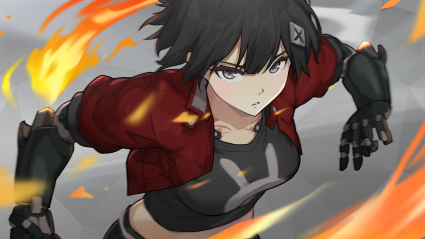 1girl black_hair cropped_jacket english_commentary fire grey_eyes hair_ornament hairclip highres jacket jiang1274 looking_at_viewer midriff original prosthesis prosthetic_arm red_jacket science_fiction short_hair simple_background solo