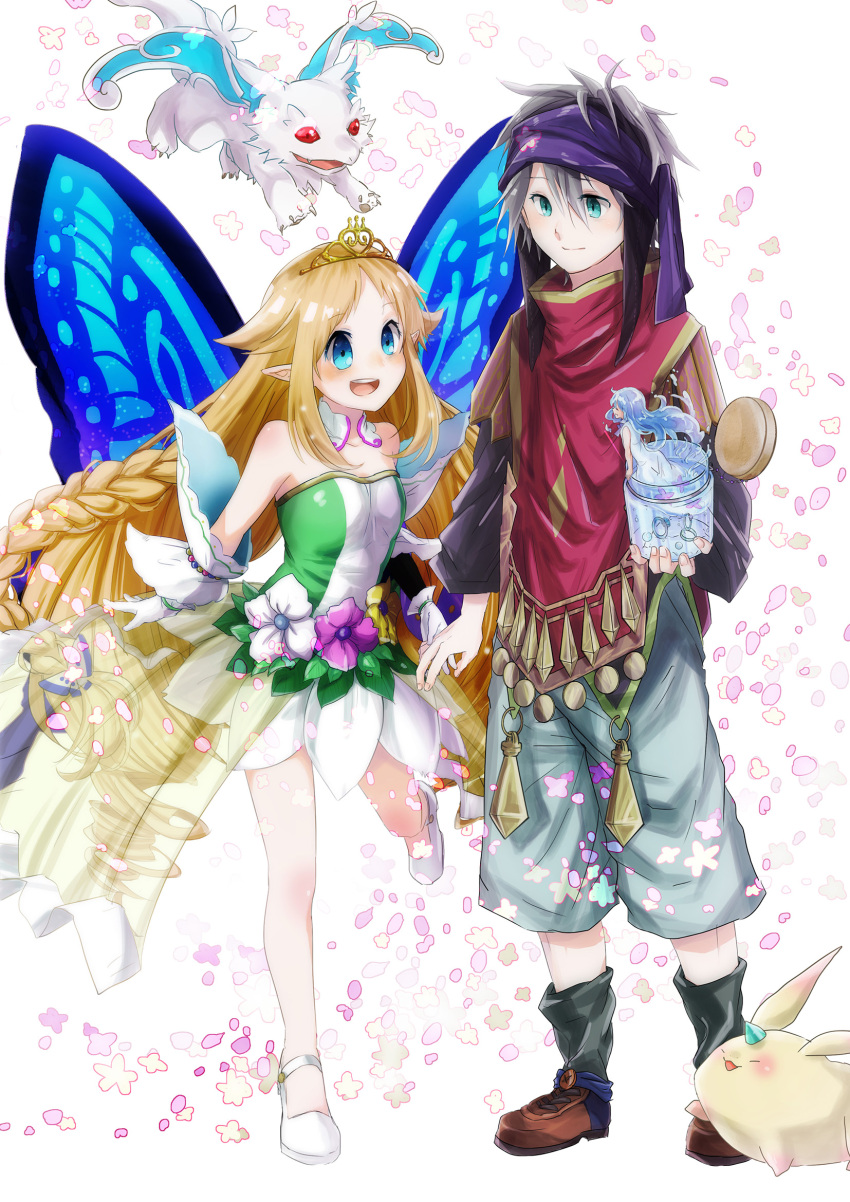 1boy 2girls :d aqua_eyes baggy_shorts black_sleeves blonde_hair blue_eyes blue_hair blue_slime braid brown_footwear butterfly_wings closed_mouth collarbone commentary_request creature detached_collar detached_sleeves dragon drill_hair fairy flower_skirt gloves gold_trim grey_hair grey_shorts hair_flaps headband hero_(merc_storia) high_heels highres holding_hands holding_jar in_container jar jewelry leg_up leg_warmers light_smile liquid_hair long_hair looking_at_another merc_(merc_storia) merc_storia minigirl monster_girl multi-tied_hair multiple_girls open_mouth pearl_(gemstone) red_vest ring round_teeth sarodia shoes shorts sideways_mouth slime_girl smile teeth tiara toto_(merc_storia) twin_braids twin_drills upper_teeth very_long_hair vest white_footwear white_gloves wings zaramekypp