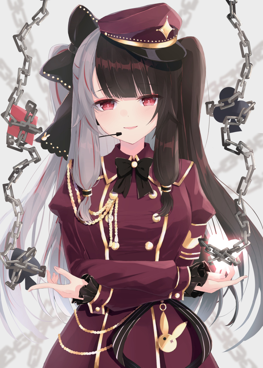 1girl absurdres akagikou bangs black_bow black_hair blurry blurry_background bow brown_dress brown_headwear chain club_(shape) commentary_request depth_of_field diamond_(shape) dress eyebrows_visible_through_hair frilled_sleeves frills grey_background grey_hair hair_bow hat headset heart highres juliet_sleeves long_sleeves looking_at_viewer multicolored_hair nijisanji parted_lips peaked_cap puffy_sleeves red_eyes redhead sidelocks sleeves_past_wrists smile solo spade_(shape) streaked_hair two-tone_hair two_side_up virtual_youtuber yorumi_rena
