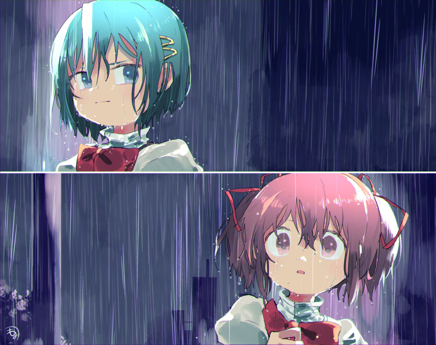 2girls angry blue_eyes blue_hair city close-up closed_mouth dark_background darkness dot_nose expressionless face facing_viewer frown hair_ornament hair_ribbon hairclip hand_up high_collar highres kaname_madoka kirikuchi_riku looking_at_another looking_to_the_side mahou_shoujo_madoka_magica messy_hair miki_sayaka mitakihara_school_uniform multiple_girls neck_ribbon night night_sky outdoors parted_lips pink_eyes pink_hair puffy_sleeves rain red_ribbon ribbon school_uniform serious shaded_face shiny shiny_hair short_hair short_twintails simple_background sky surprised tree twintails upper_body water_drop wet wet_clothes wet_hair wide-eyed