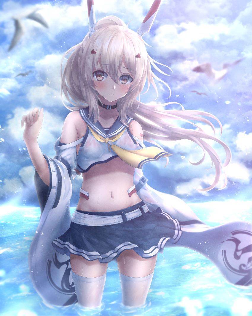 1girl absent absurdres ayanami_(azur_lane) azur_lane bandaid bandaid_on_arm bangs bare_shoulders belt bird blue_sailor_collar blue_skirt blush breasts closed_mouth clouds cloudy_sky commentary_request cowboy_shot crop_top detached_sleeves eyebrows_visible_through_hair floating_hair groin hair_between_eyes hair_ornament hand_up headgear high_ponytail highres long_hair looking_at_viewer midriff navel neckerchief ocean platinum_blonde_hair pleated_skirt ponytail red_eyes retrofit_(azur_lane) sailor_collar shirt sidelocks skindentation skirt sky small_breasts smile solo standing thigh-highs wading wet wet_clothes wet_shirt white_belt white_legwear white_sleeves wide_sleeves wind yellow_neckwear zettai_ryouiki