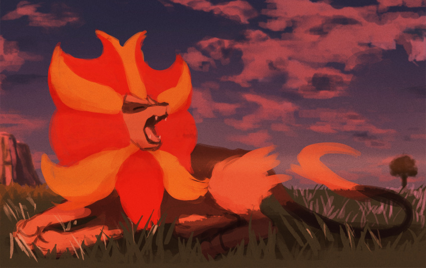 closed_eyes clouds commentary_request fangs gen_6_pokemon grass highres lying no_humans on_stomach one-hour_drawing_challenge open_mouth outdoors paws pokemon pokemon_(creature) pyroar pyroar_(male) rend sky solo toes tongue twilight
