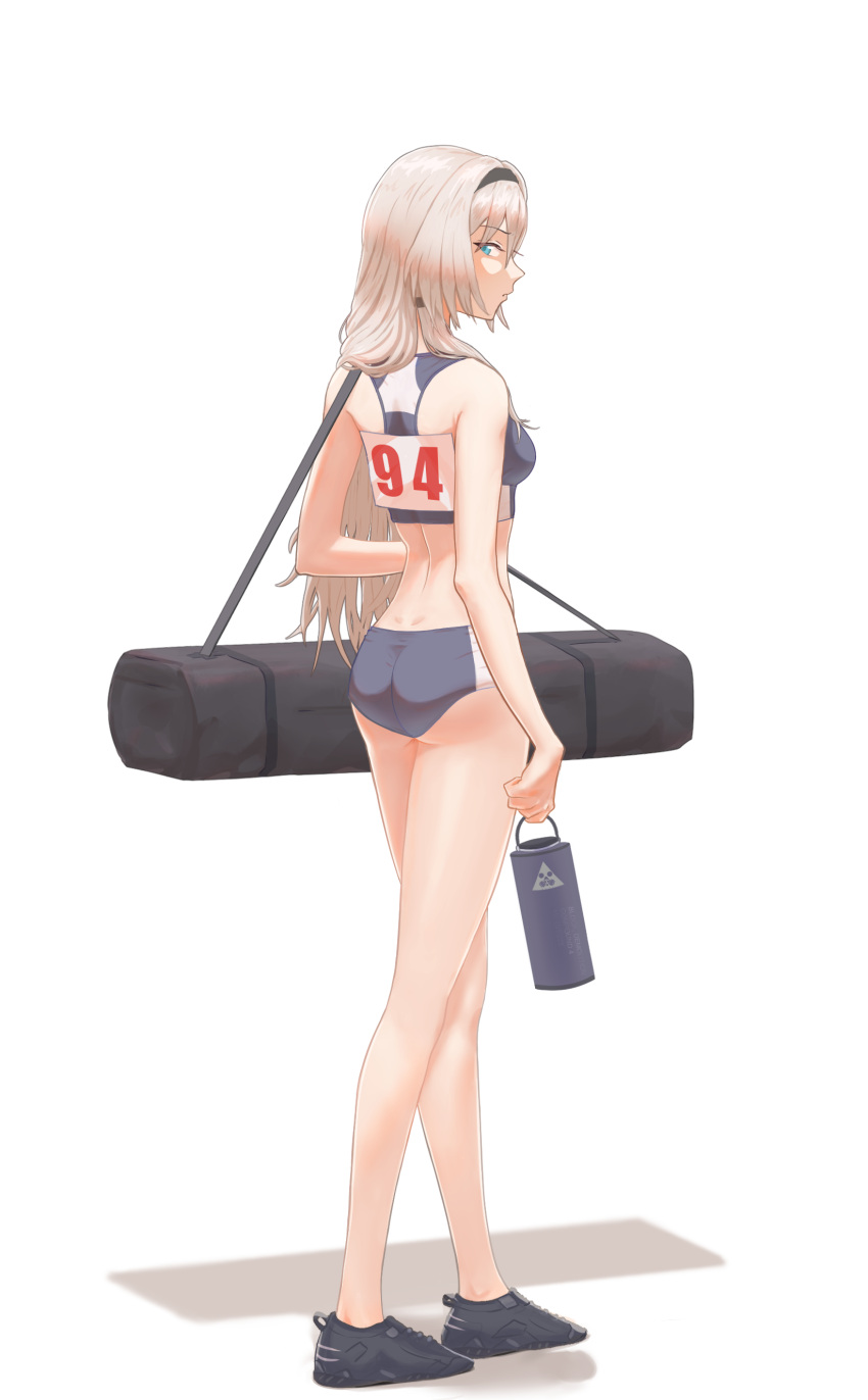 1girl absurdres an-94_(girls_frontline) ass bag bangs bare_shoulders blue_eyes bottle closed_mouth duffel_bag full_body girls_frontline highres holding j.tone looking_at_viewer shadow shoes sneakers sports_bikini track_and_field transparent_background water_bottle white_hair