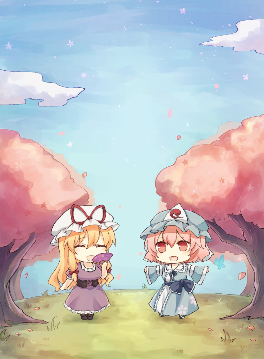 2girls bangs black_corset blonde_hair blue_butterfly blue_headweawr blue_kimono blue_sky bow bug butterfly cherry_blossoms chibi closed_eyes clouds corset day dress facing_viewer fan floral_print folding_fan friends frilled_dress frilled_kimono frilled_sash frills grass hair_between_eyes hair_bow happy hat hat_ribbon highres holding holding_fan insect japanese_clothes kimono koto_(shiberia39) long_hair long_sleeves looking_at_another looking_past_viewer mob_cap multiple_girls obi outdoors outstretched_arms petals pink_hair puffy_short_sleeves puffy_sleeves purple_dress red_ribbon ribbon saigyouji_yuyuko sash short_hair short_sleeves sidelocks sky smile standing tabi touhou tree triangular_headpiece very_long_hair white_headwear wide_sleeves yakumo_yukari zouri
