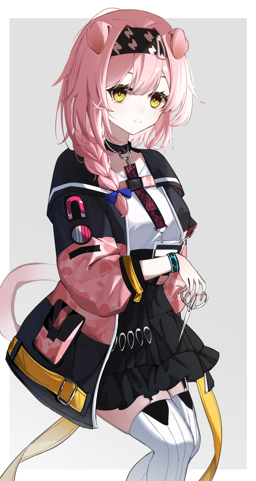 1girl absurdres animal_ears arknights black_bracelet black_collar black_hairband black_jacket black_skirt blue_bow blush border bow braid cat_ears cat_girl cat_tail collar feet_out_of_frame floppy_ears garter_straps goldenglow_(arknights) grey_background hair_bow hair_ornament hairband hairclip highres holding holding_scissors id_card infection_monitor_(arknights) jacket lightning_bolt_print long_hair looking_at_viewer multicolored_clothes multicolored_jacket outside_border pink_jacket pocket print_hairband scissors shirt simple_background skirt smile solo tail thigh-highs two-tone_jacket white_border white_shirt white_thighhighs ya_(37330) yellow_eyes