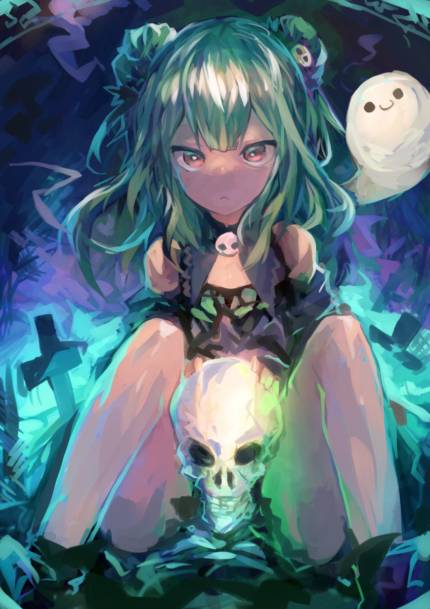 1girl absurdres bangs bare_shoulders blue_dress brooch detached_collar detached_sleeves double_bun dress ghost green_hair hair_ornament highres hololive hololive_fantasy jewelry kaamin_(mariarose753) long_hair looking_at_viewer necromancer red_eyes skull skull_hair_ornament solo strapless strapless_dress tombstone uruha_rushia virtual_youtuber