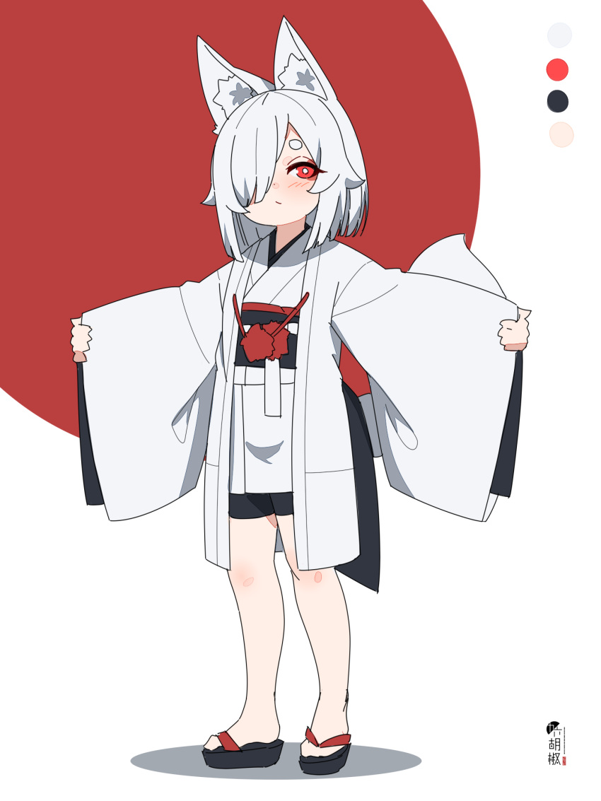 1girl animal_ear_fluff animal_ears bangs bike_shorts black_footwear black_shorts blush closed_mouth color_guide fox_ears fox_girl fox_tail full_body hair_over_one_eye highres japanese_clothes kimono kuro_kosyou long_sleeves obi original pinching_sleeves red_background red_eyes sash shadow short_eyebrows short_shorts shorts sleeves_past_wrists solo tail thick_eyebrows two-tone_background white_background white_hair white_kimono wide_sleeves zouri