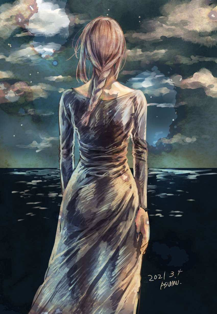 1girl artist_name back black_dress braid braided_ponytail burn_mark chainsaw_man clouds cloudy_sky commentary cowboy_shot dated dress from_behind highres long_sleeves makima_(chainsaw_man) matsumotoasumu medium_hair ocean outdoors redhead signature sky solo