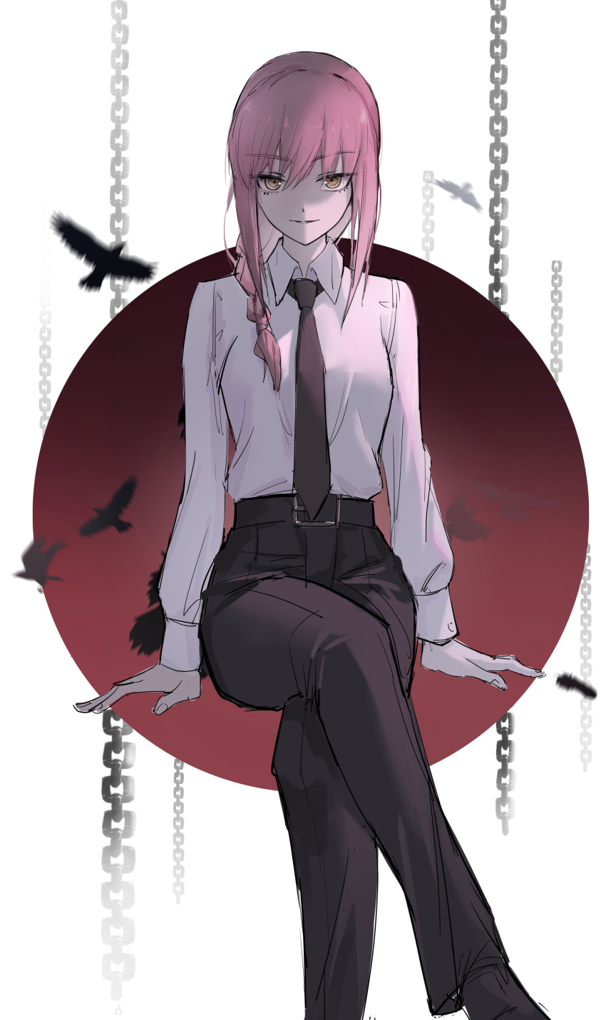 1girl absurdres bilibilida bird black_neckwear black_pants braid braided_ponytail breasts chain chainsaw_man chinese_commentary closed_mouth collared_shirt crossed_legs crow dress_shirt eyebrows_visible_through_hair feathers hair_between_eyes highres invisible_chair light_smile long_sleeves looking_at_viewer makima_(chainsaw_man) medium_breasts medium_hair necktie pants red_background redhead ringed_eyes shirt simple_background sitting solo symbol_commentary white_background white_shirt wing_collar yellow_eyes