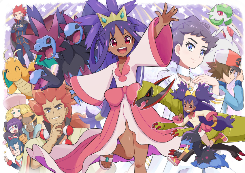 4girls 5boys :&lt; :d absurdres alder_(pokemon) bangs baseball_cap blonde_hair blue_eyes brown_hair caitlin_(pokemon) cape choker clenched_hand clenched_hands closed_eyes closed_mouth coin commentary_request crossed_arms crying dark_skin dark-skinned_female dark_skinned_male deino_(pokemon) diantha_(pokemon) dragonite dress dual_persona elite_four eyelashes facial_hair gardevoir gen_1_pokemon gen_3_pokemon gen_5_pokemon glasses grimsley_(pokemon) hair_between_eyes hair_rings hand_on_headwear hand_up hat haxorus highres hilbert_(pokemon) hydreigon iris_(pokemon) jacket jewelry knees lance_(pokemon) long_hair long_sleeves looking_at_viewer marshal_(pokemon) mega_gardevoir mega_pokemon multicolored_hair multiple_boys multiple_girls necklace one_eye_closed open_mouth outstretched_arms pants parted_lips pink_footwear poke_ball pokemoa pokemon pokemon_(creature) pokemon_(game) pokemon_bw pokemon_hgss pokemon_xy purple_hair red_eyes redhead running sandals scarf shauntal_(pokemon) shiny shiny_skin shoes short_hair smile spiky_hair star_(symbol) teeth tiara toes tongue two-tone_hair very_short_hair white_choker wide_sleeves yellow_scarf
