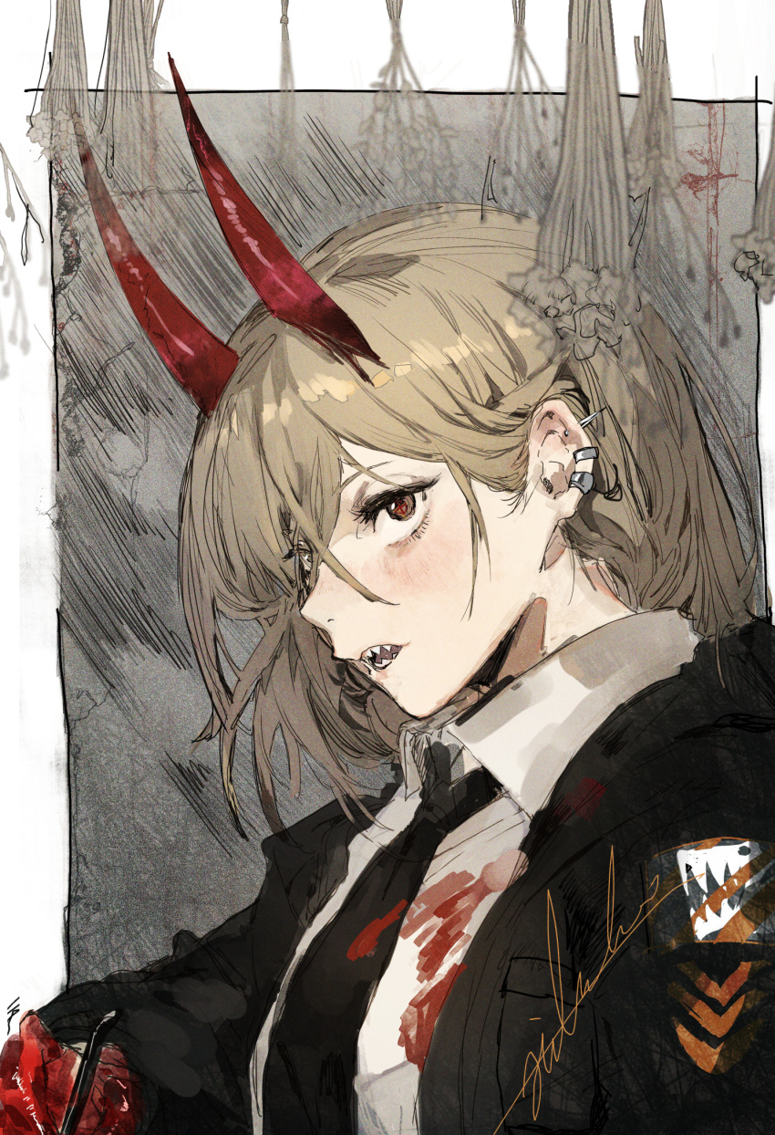 +_+ 1girl black_background black_jacket black_neckwear blood bloody_clothes bloody_hands breasts brown_eyes brown_hair chainsaw_man collared_shirt commentary demon_horns dress_shirt ear_piercing eyelashes formal hair_between_eyes highres hiranko horns jacket long_hair looking_at_viewer medium_breasts necktie open_mouth piercing power_(chainsaw_man) sharp_teeth shirt signature simple_background solo suit teeth traditional_media upper_body white_shirt wing_collar