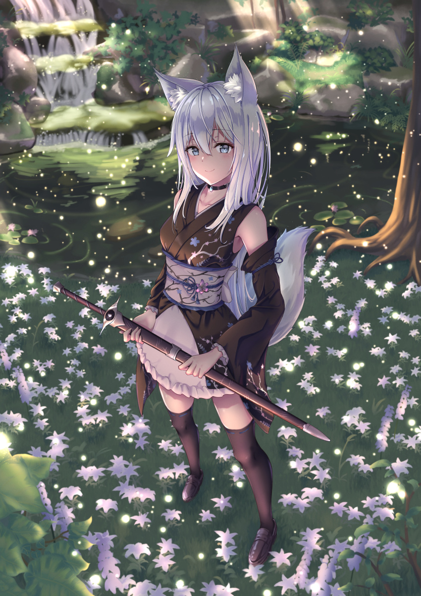 1girl absurdres animal_ears bare_shoulders black_legwear blue_eyes blush breasts collar collarbone detached_collar eyebrows_visible_through_hair flower forest fox fox_ears grass highres huge_filesize japanese_clothes kimono long_hair looking_at_viewer marinesnow medium_breasts nature original outdoors ribbon-trimmed_sleeves ribbon_trim river rock sash scenery silver_hair smile solo sword thigh-highs tree very_long_hair water weapon zettai_ryouiki