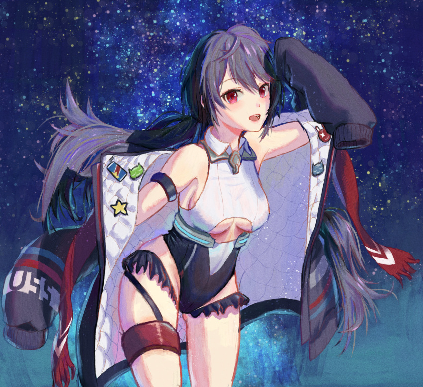1girl absurdres allen_m._sumner_(azur_lane) apron azur_lane badge black_coat black_hair black_leotard breasts button_badge clothing_cutout coat collared_leotard eagle_union_(emblem) eyebrows_visible_through_hair frilled_leotard frills hair_between_eyes highres huge_filesize leotard long_hair long_sleeves low_twintails medium_breasts open_clothes open_coat open_mouth red_eyes red_scarf saure_teigtasche scarf sky solo star_(sky) starry_sky twintails two-tone_leotard underboob_cutout