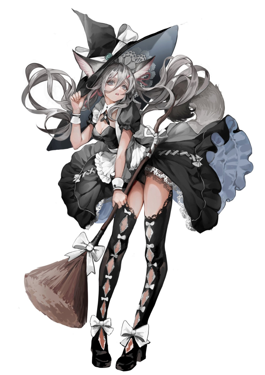 1girl animal animal_ears black_dress bow broom cat cat_ears cat_tail deadprinceee dress grey_hair hat highres lace long_hair original simple_background solo tail white_background witch witch_hat