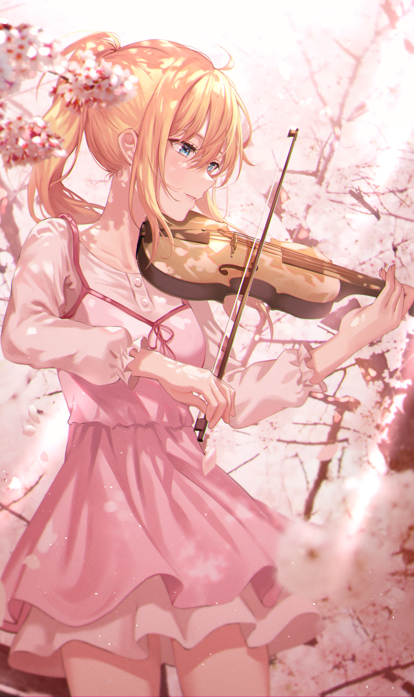 1girl absurdres ahoge bangs blonde_hair blue_eyes cherry_blossoms collarbone commentary_request cowboy_shot day highres holding holding_instrument huge_filesize instrument long_hair long_sleeves looking_away looking_to_the_side miyazono_kawori music outdoors petals pink_skirt playing_instrument ponytail ribbon shigatsu_wa_kimi_no_uso shirt skirt solo tokkyu violin