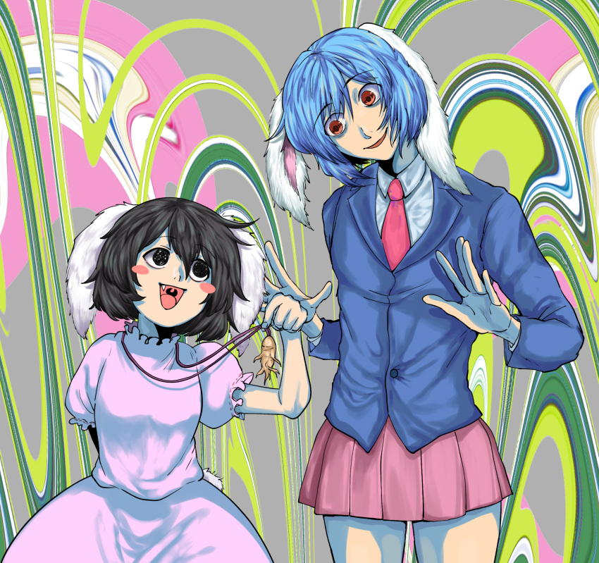 1boy 1girl abstract_background absurdres animal_ears babus_(nicoseiga56306120) bangs black_eyes black_hair blazer blue_hair blue_jacket bunny_tail commentary_request cookie_(touhou) cowboy_shot crossdressinging dress eyebrows_visible_through_hair fang floppy_ears frilled_dress frills hair_between_eyes head_tilt highres inaba_tewi jacket jun_(cookie) long_sleeves looking_at_another looking_to_the_side necktie no_pupils open_mouth pink_dress pink_skirt pleated_skirt puffy_short_sleeves puffy_sleeves rabbit_ears red_eyes red_neckwear reisen_(touhou_bougetsushou) ribbon-trimmed_dress short_hair short_sleeves skirt smile stella_(cookie) tail tongue touhou uvula