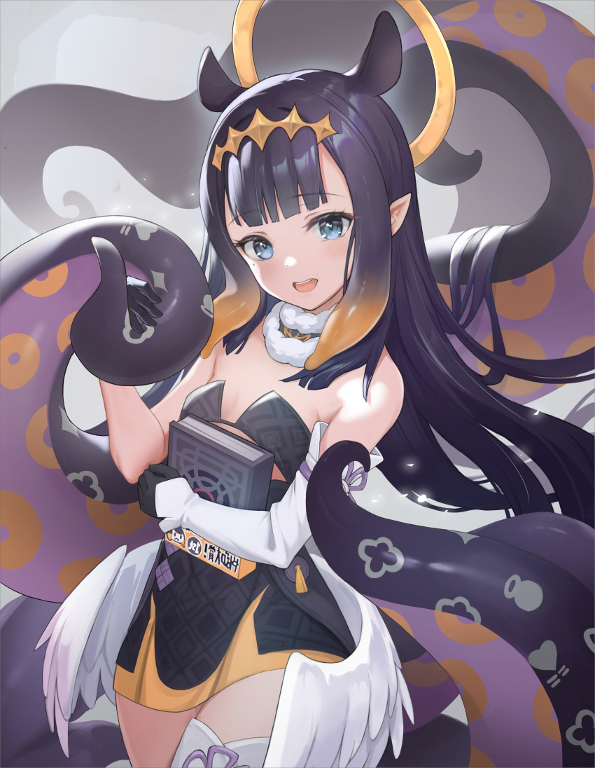 1girl :d absurdres bangs bare_shoulders black_dress black_gloves black_hair blue_eyes blunt_bangs blush book breasts cowboy_shot detached_sleeves dress eyebrows_visible_through_hair feathered_wings fur_collar gloves halo heart highres holding holding_book hololive hololive_english long_hair long_sleeves looking_at_viewer low_wings mole mole_under_eye ninomae_ina'nis open_mouth orange_hair pointy_ears shinyu_xingyu short_dress simple_background single_detached_sleeve single_thighhigh small_breasts smile solo strapless strapless_dress tentacle_hair tentacles thigh-highs very_long_hair white_background white_legwear wings