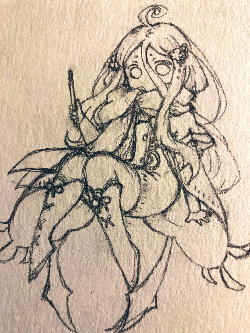 1girl ahoge atsukimasahiro boots cloak floating flower greyscale hair_between_eyes hair_flower hair_ornament highres holding long_hair monochrome nitroplus no_pupils photo_(medium) short_eyebrows sketch solo traditional_media warau_ars_notoria