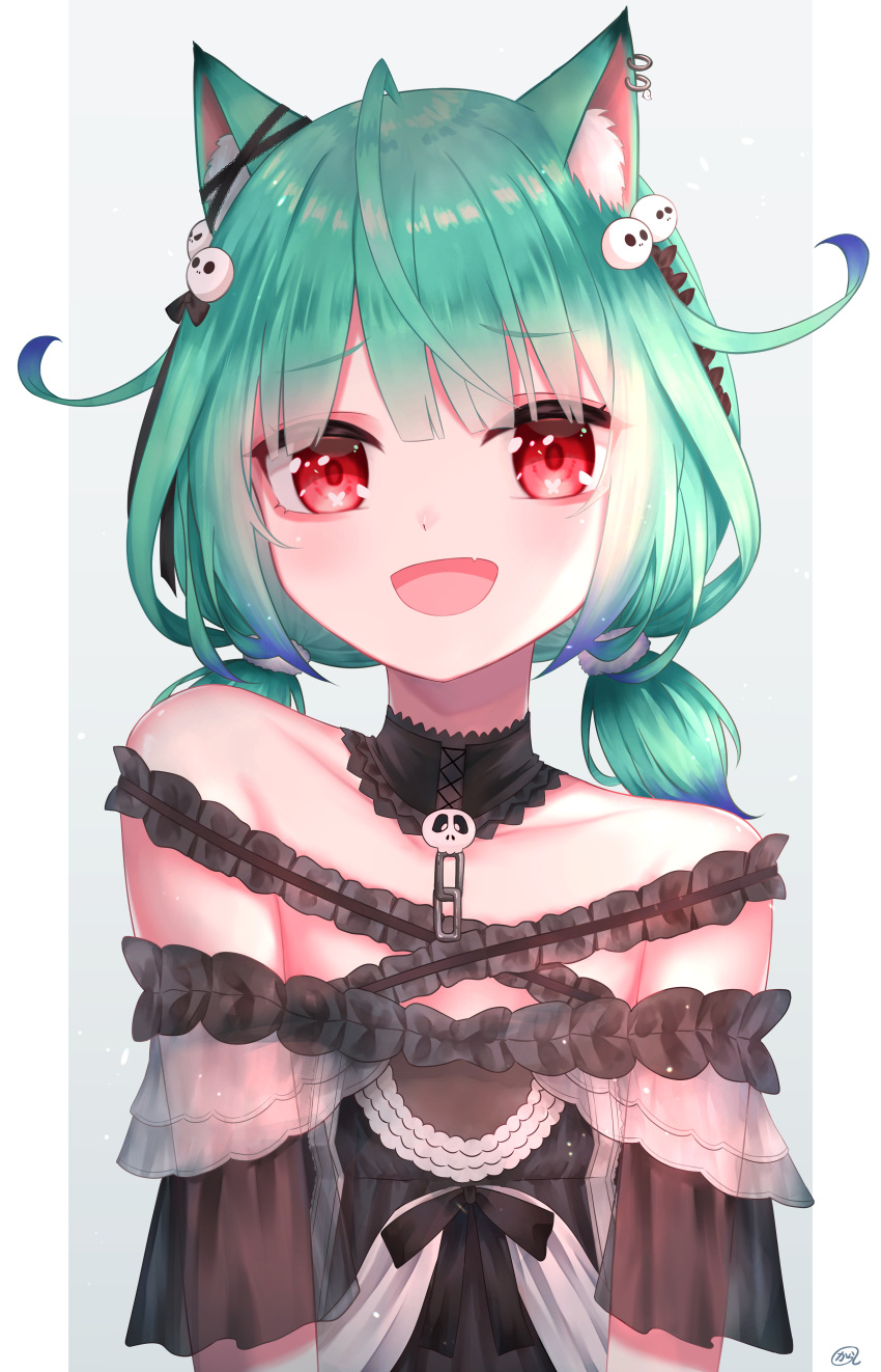 1girl :d absurdres ahoge animal_ears bangs bare_shoulders black_dress blue_hair brooch cat_ears collarbone detached_collar dress ear_piercing ear_ribbon fang flat_chest frilled_dress frilled_straps frills gothic_lolita gradient_hair green_hair hair_ribbon highres hololive huge_filesize jewelry karashi_(asarikarasi) lace_collar light_blush lolita_fashion looking_at_viewer low_twintails multicolored_hair off-shoulder_dress off_shoulder official_alternate_costume open_mouth piercing red_eyes reflective_eyes ribbon see-through_sleeves short_hair short_sleeves short_twintails smile solo twintails upper_body uruha_rushia virtual_youtuber