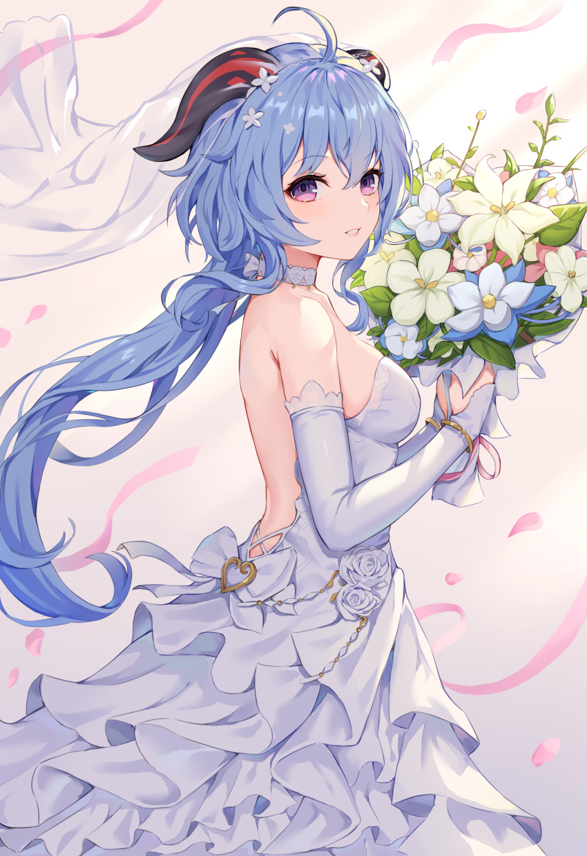 1girl absurdres ahoge backless_dress backless_outfit bangs bare_shoulders blue_hair bouquet breasts bridal_veil choker dress dress_flower eyebrows_visible_through_hair flower from_side ganyu_(genshin_impact) genshin_impact goat_horns hair_between_eyes hair_ornament hands_up heart highres hokori_sakuni holding horns jewelry long_hair looking_at_viewer low_ponytail medium_breasts parted_lips pink_eyes pink_ribbon ribbon rose smile solo strapless strapless_dress veil wedding_dress white_dress white_flower white_rose