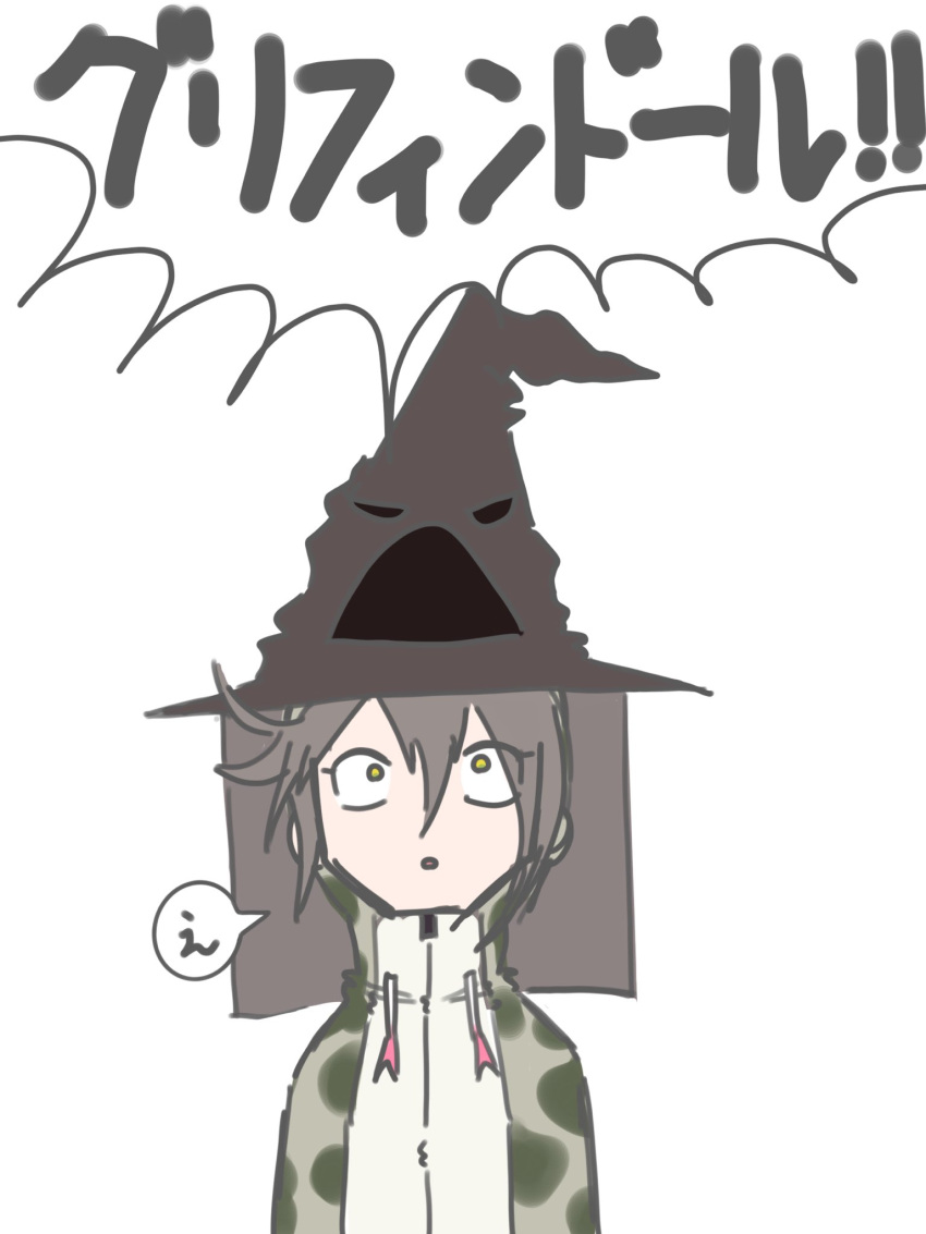 1girl constricted_pupils crossover drawstring eyes_visible_through_hair grey_hair habu_(kemono_friends) hair_between_eyes harry_potter hat highres hood hood_up hooded_jacket jacket kemono_friends long_sleeves looking_up parted_lips semikouen shouting simple_background sorting_hat translation_request upper_body white_background wide-eyed yellow_eyes