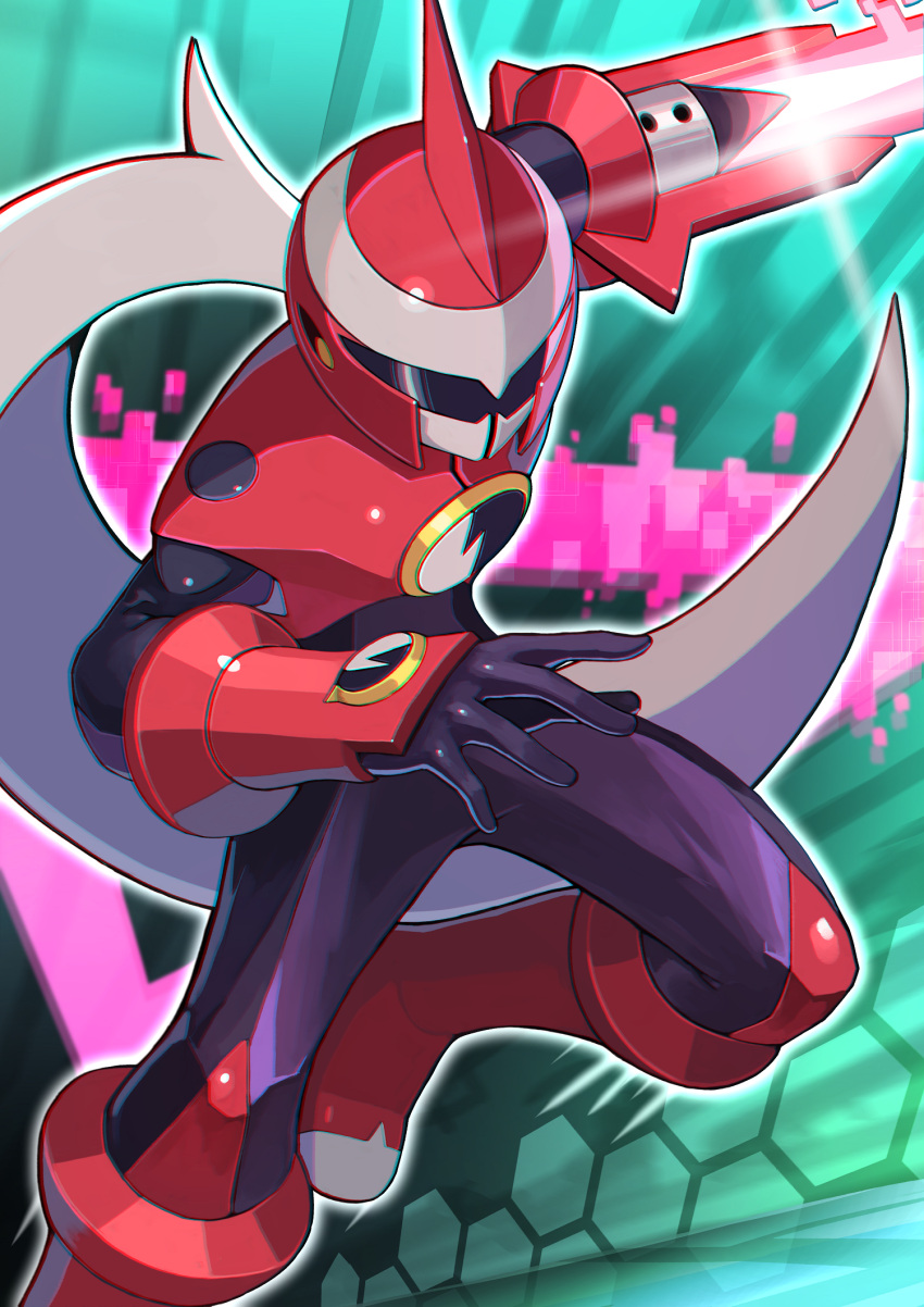 1boy arm_blade arm_up black_bodysuit bodysuit boots commentary_request glint green_background helmet highres leg_up long_hair looking_at_viewer male_focus mega_man_(series) mega_man_battle_network motion_lines netnavi outline ponytail protoman.exe red_footwear red_headwear solo tesshii_(riza4828) very_long_hair visor weapon white_hair white_outline