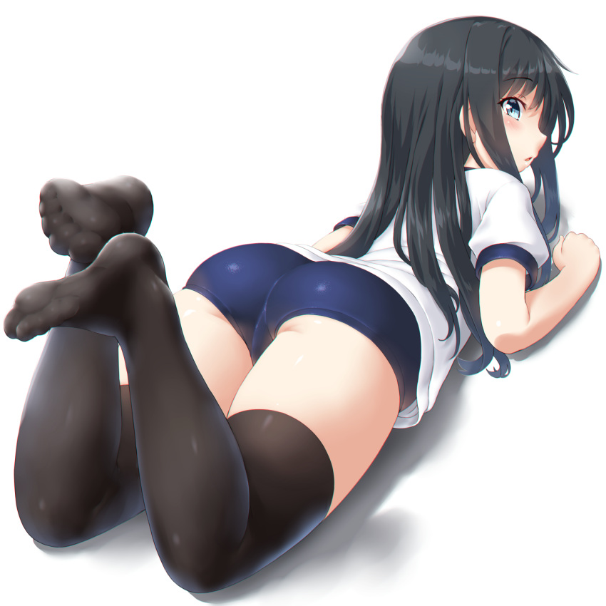 1girl alternate_costume asashio_(kancolle) ass back bangs black_hair black_legwear blue_buruma blue_eyes blush buruma dd_(ijigendd) eyebrows_visible_through_hair feet from_behind full_body gym_uniform highres kantai_collection long_hair looking_at_viewer looking_back lying no_shoes on_stomach shadow shirt short_sleeves simple_background soles solo thigh-highs white_background white_shirt