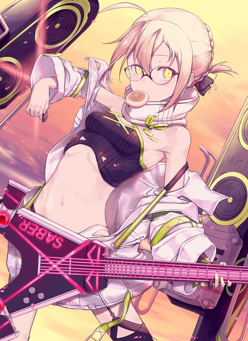 1girl absurdres ahoge artoria_pendragon_(all) bangs bare_shoulders beach black_shirt blonde_hair blush braid breasts daisi_gi electric_guitar fate/grand_order fate_(series) food french_braid glasses gradient_sky guitar hair_between_eyes hair_bun highres instrument jacket long_hair long_sleeves looking_at_viewer mouth_hold mysterious_idol_x_(alter)_(fate) navel off_shoulder orange_sky plectrum shirt sidelocks sky small_breasts speaker sunset thighs twilight white_jacket yellow_eyes