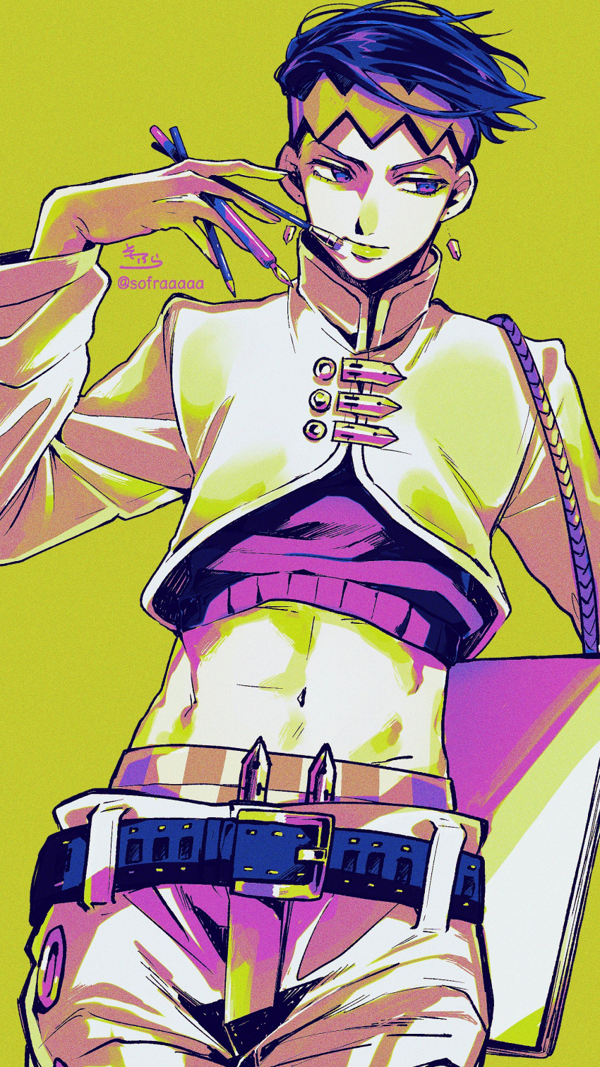 1boy absurdres belt belt_buckle between_fingers blue_belt buckle closed_mouth commentary cowboy_shot crop_top diamond_wa_kudakenai earrings fountain_pen hand_up high_collar highres holding holding_paintbrush jacket jewelry jojo_no_kimyou_na_bouken kishibe_rohan long_sleeves looking_away looking_to_the_side male_focus midriff navel paintbrush pants pen pink_sweater purple_hair signature simple_background sofra solo sweater symbol_commentary twitter_username violet_eyes white_jacket white_pants yellow_background