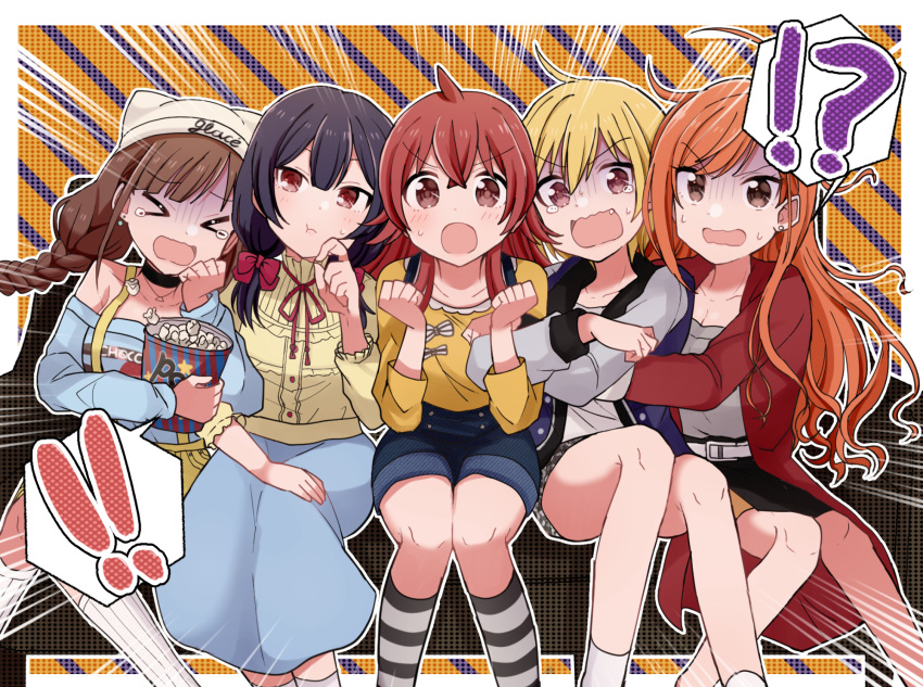 ! !! !? &gt;o&lt; 5girls :o :t ahoge arisugawa_natsuha arm_hug bangs blush collarbone earrings emphasis_lines eyebrows_visible_through_hair food halftone halftone_background highres houkago_climax_girls_(idolmaster) hug idolmaster idolmaster_shiny_colors jewelry komiya_kaho morino_rinze multiple_girls popcorn saijou_juri scared shaded_face sitting sonoda_chiyoko speech_bubble striped striped_background sweatdrop watching wavy_mouth wotsumiki_(sakura-yuzu)